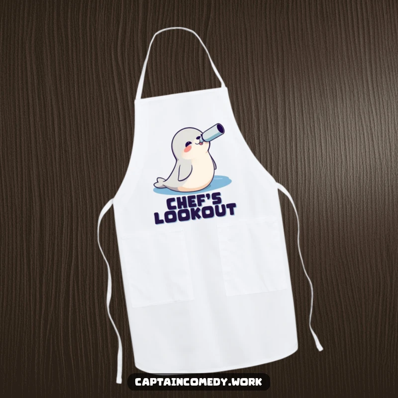 Funny Seal Explorer Apron showing a cheerful seal with a spyglass, looking out at a vast ocean, perfect for kitchen adventures.