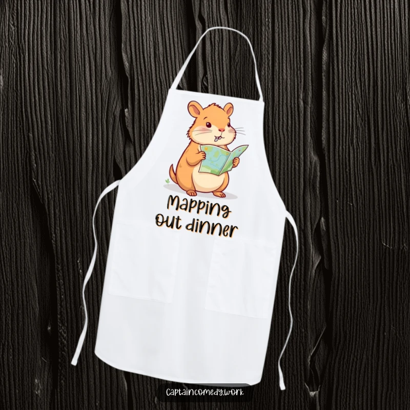 Funny Capybara Navigator Apron, a determined capybara reads a map while cooking, bringing humor to the kitchen, a funny gift for chefs.