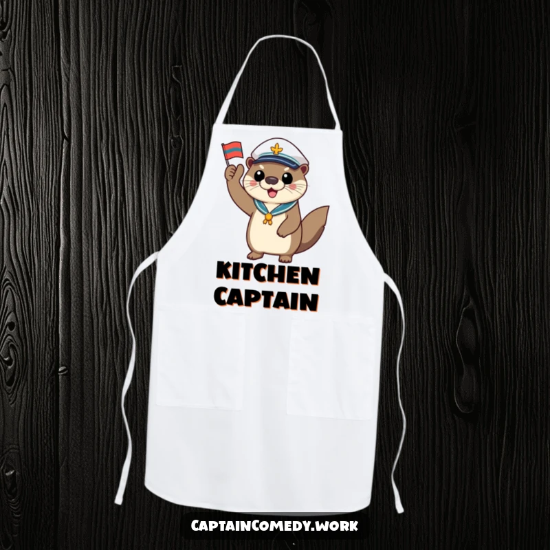 Funny otter captain apron, a cheerful sea creature saluting with a tiny flag, a humorous kitchen accessory for nautical chefs.