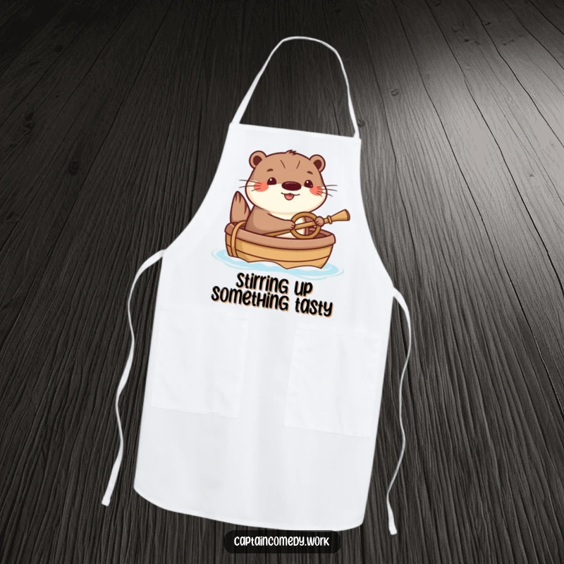 Funny Otter Apron: A happy otter humorously steering a small boat with a tiny oar, adding a cheerful and practical nautical theme to kitchen wear.