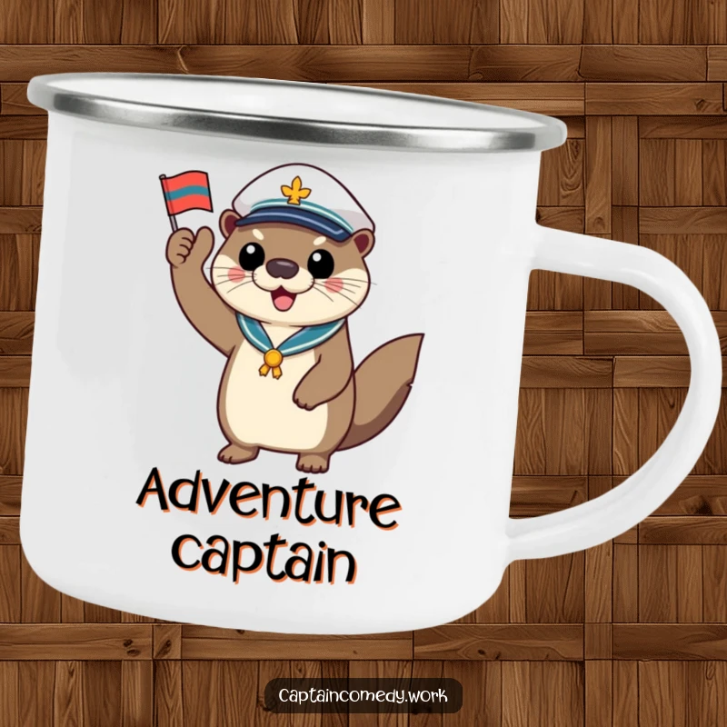 Funny otter captain camping mug, a cheerful sea mammal saluting with a tiny flag, perfect for outdoor enthusiasts who love nautical themes and humor.