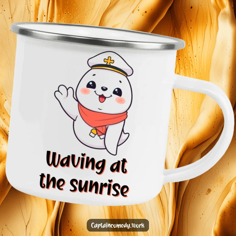 Funny Giggling Seal First Mate Camping Mug, a seal waves enthusiastically, perfect for outdoor brews, a funny gift for campers.
