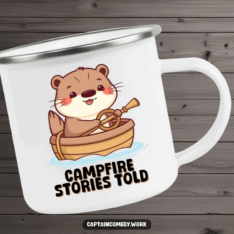 Funny Otter Camping Mug: A happy otter humorously steering a small boat with a tiny oar, perfect for cheerful sips during outdoor escapades.