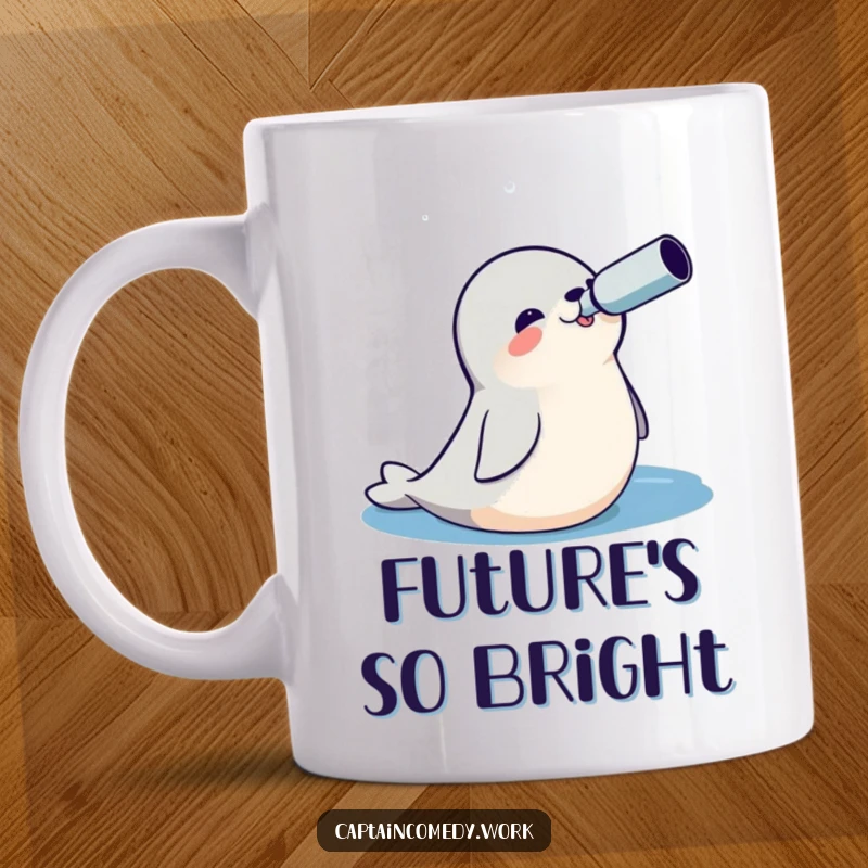 Funny Seal Explorer Mug showing a cheerful seal with a spyglass, gazing out at a vast ocean, ready for discovery.