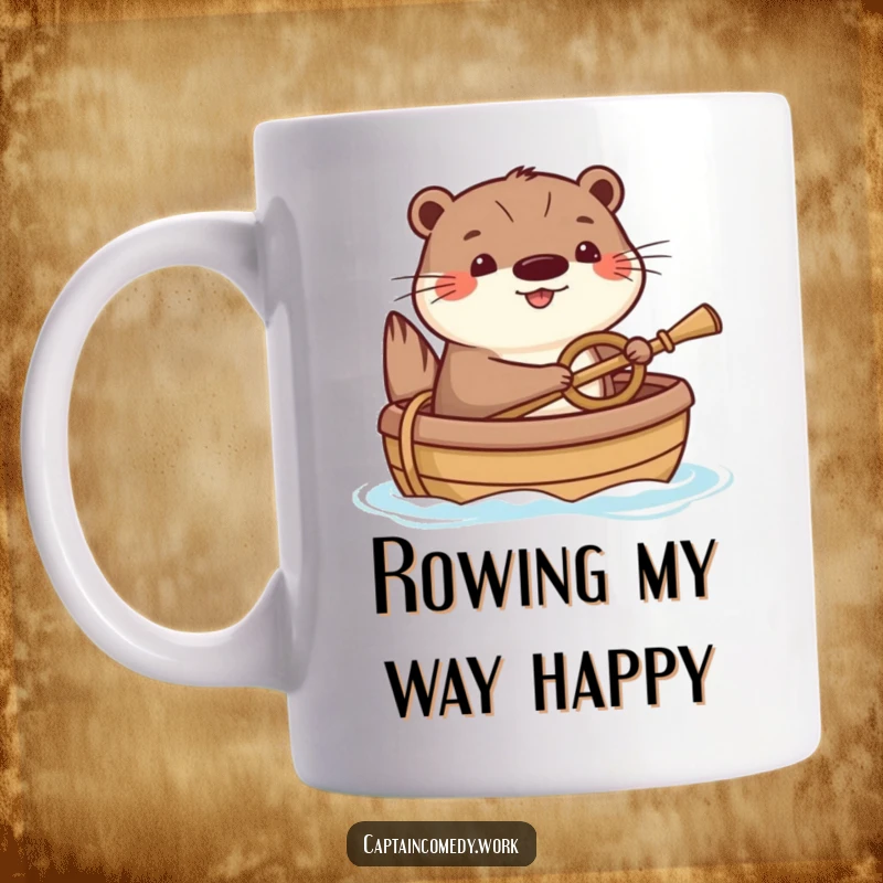 Funny Otter Mug: A happy otter steering a small, cheerful boat with a tiny oar, radiating pure joy and a love for aquatic adventures humorously.