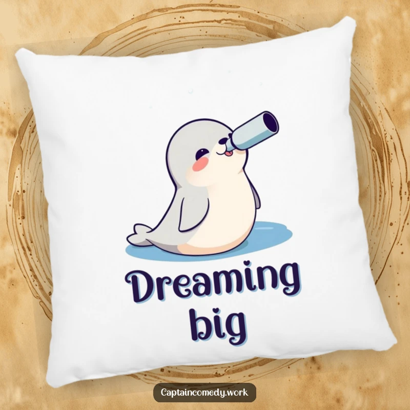 Funny Seal Explorer Pillow featuring a cheerful seal with a spyglass, looking out at a vast ocean, perfect for cozy ocean vibes.