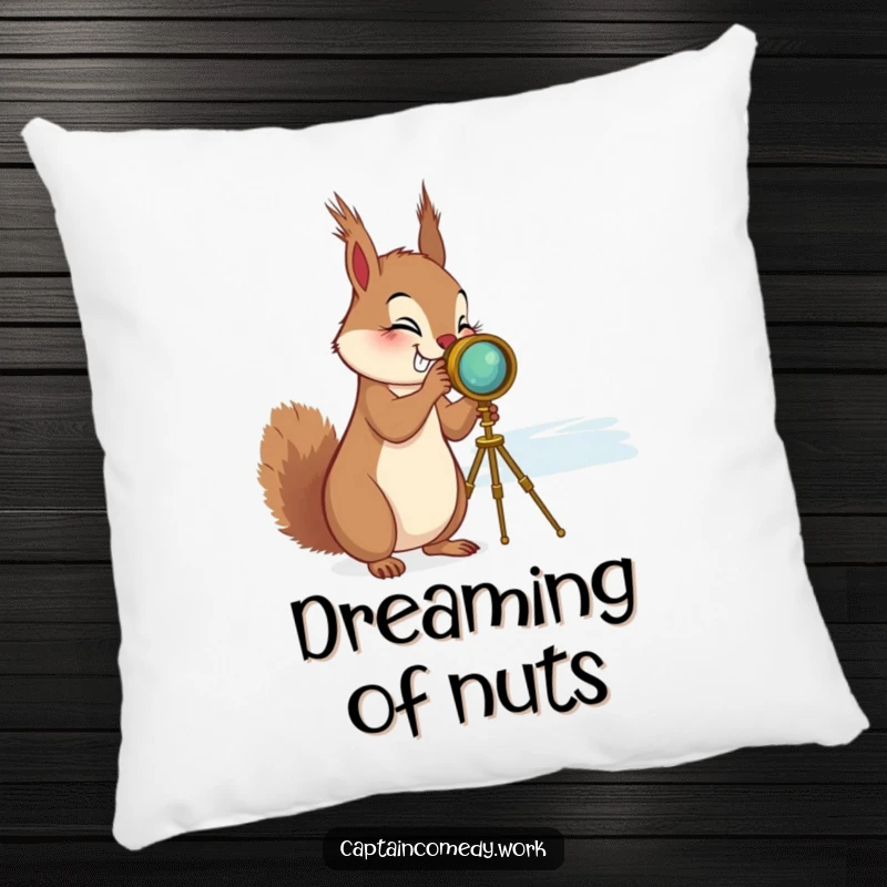 Funny Squirrel Spyglass Pillow: A giggling squirrel with a spyglass looking at the horizon, depicted on a soft, humorous cushion.