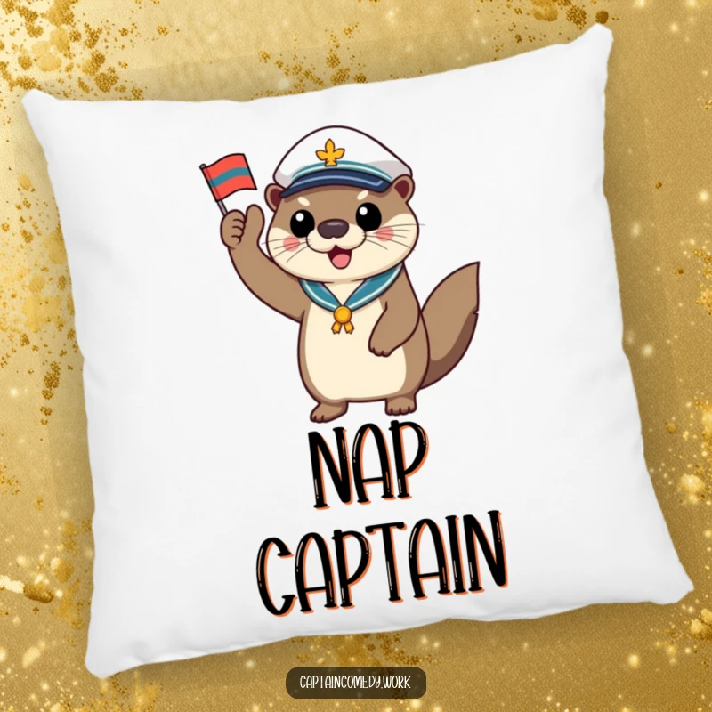 Funny otter captain pillow, a cheerful animal saluting with a tiny flag, providing soft, humorous, and nautical decorative comfort.