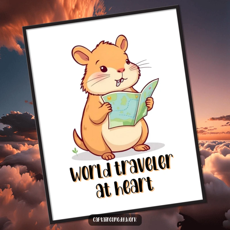 Funny Capybara Navigator Digital Print, a determined capybara navigates with a map, adding charm and humor, a funny gift for art enthusiasts.