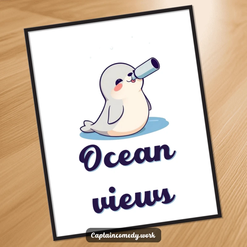 Funny Seal Explorer Digital Art Print of a cheerful seal with a spyglass, looking out at the ocean, ideal for nautical decor.