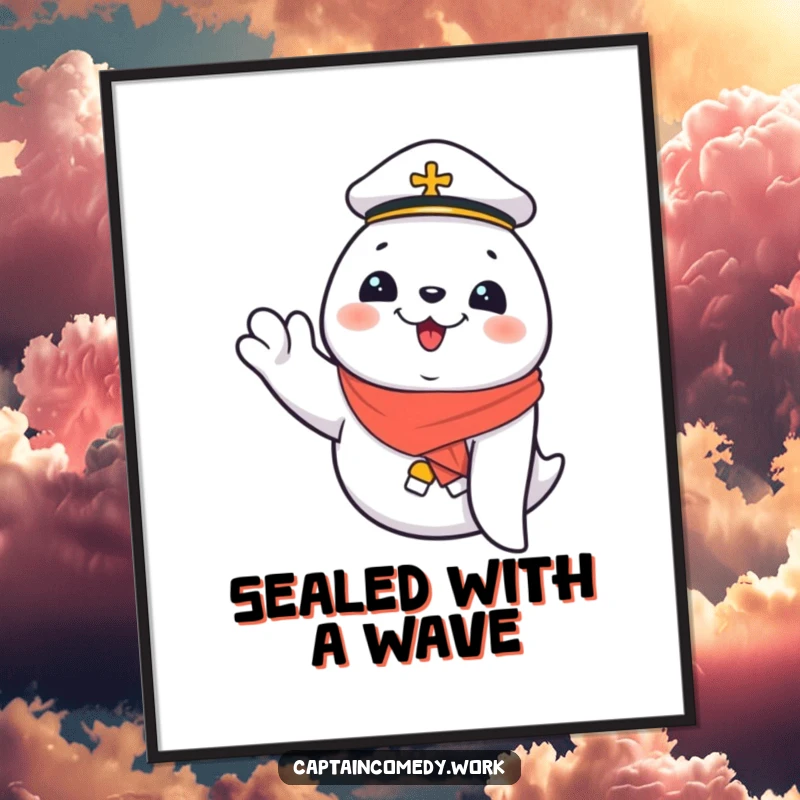 Funny Giggling Seal First Mate Digital Print, a seal waves with excitement, bringing nautical vibes and humor, a funny gift for art lovers.