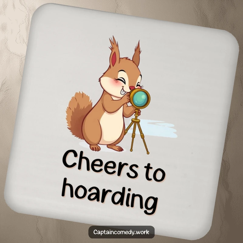 Funny Squirrel Spyglass Drink Coaster: A giggling squirrel with a spyglass looking at the horizon, adding humorous exploration to your table.