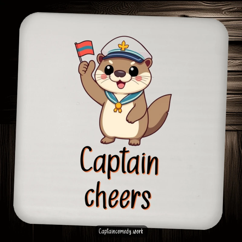 Funny otter captain coaster, a cheerful animal saluting with a tiny flag, adding humorous flair and protecting surfaces with nautical charm.
