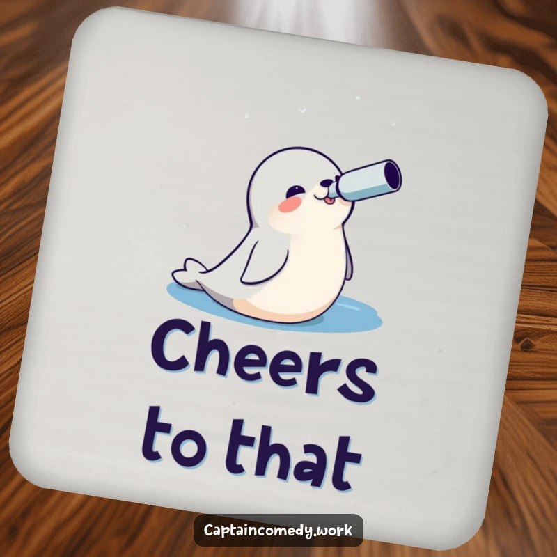Funny Seal Explorer Coasters with a cheerful seal holding a spyglass, looking out at the ocean, protecting surfaces in style.