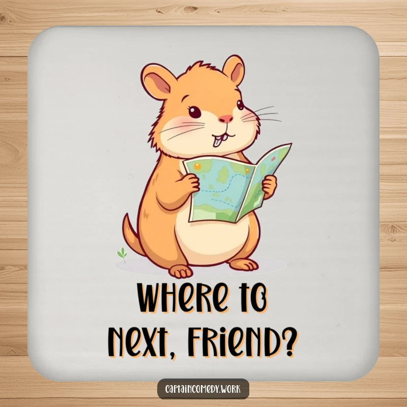 Funny Capybara Navigator Coaster Set, featuring a capybara reading a map, protects furniture with a smile, a funny gift for hosts.