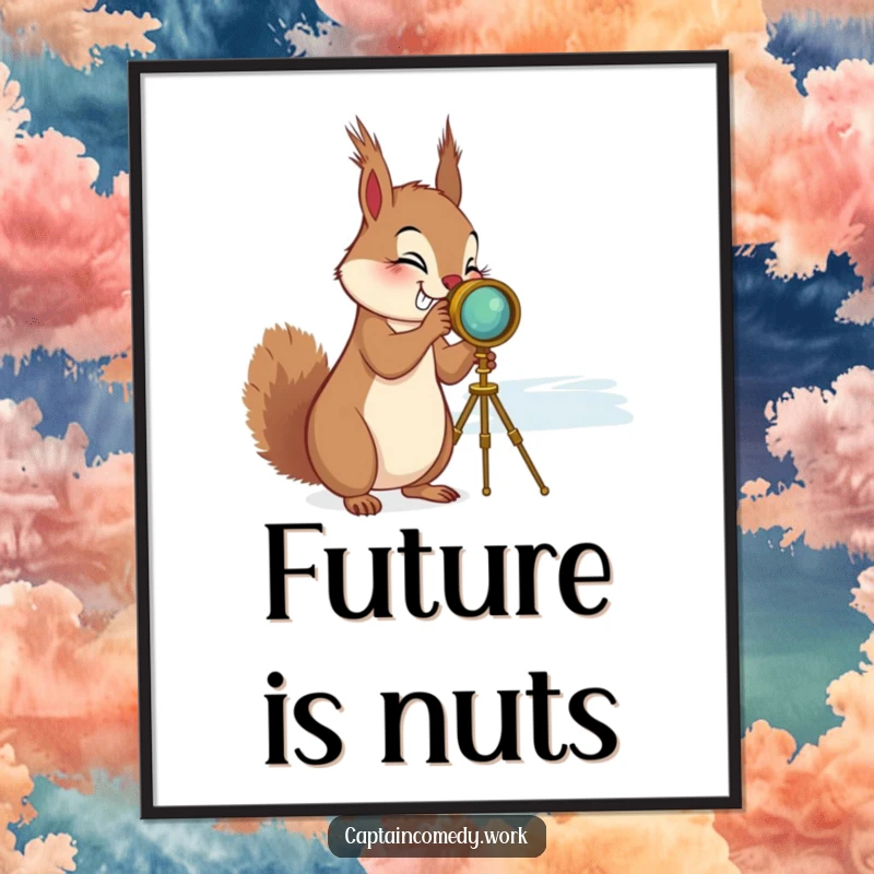 Funny Squirrel Spyglass Poster: A giggling squirrel peering through a brass spyglass at the horizon, creating a humorous and adventurous wall art.