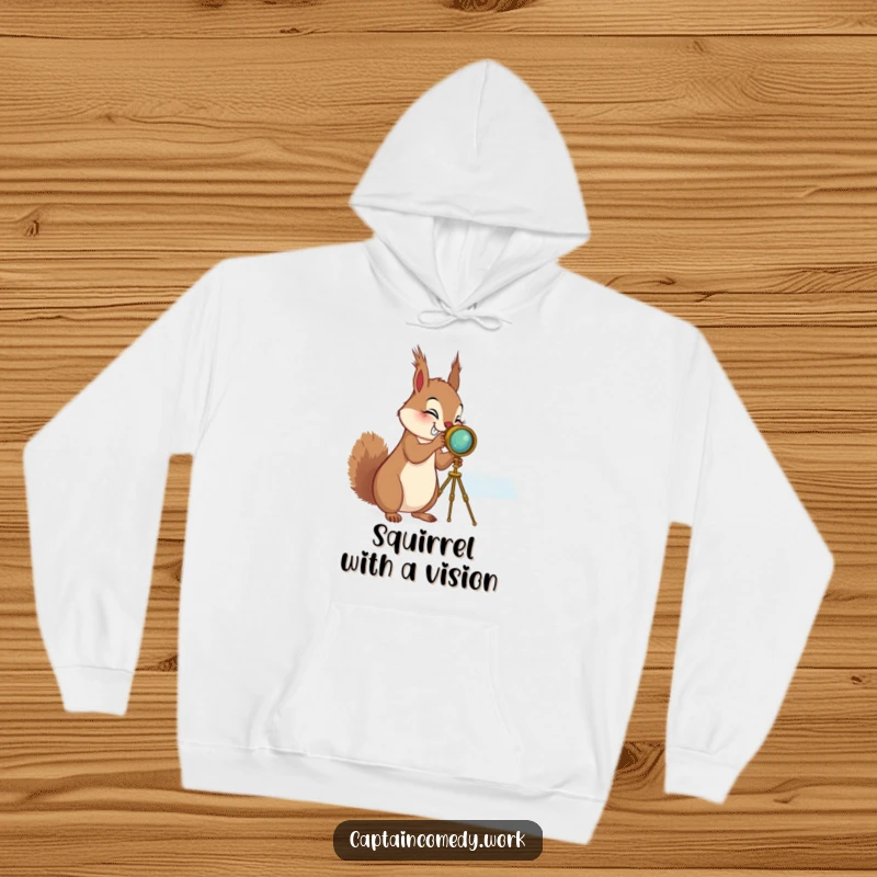 Funny Squirrel Spyglass Hoodie: A giggling squirrel with a brass spyglass looks towards the horizon, depicted on a warm, humorous hoodie.
