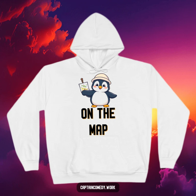 Funny Penguin Navigator Hoodie showing a determined penguin with a navigational chart, pointing forward, perfect for cozy explorations.