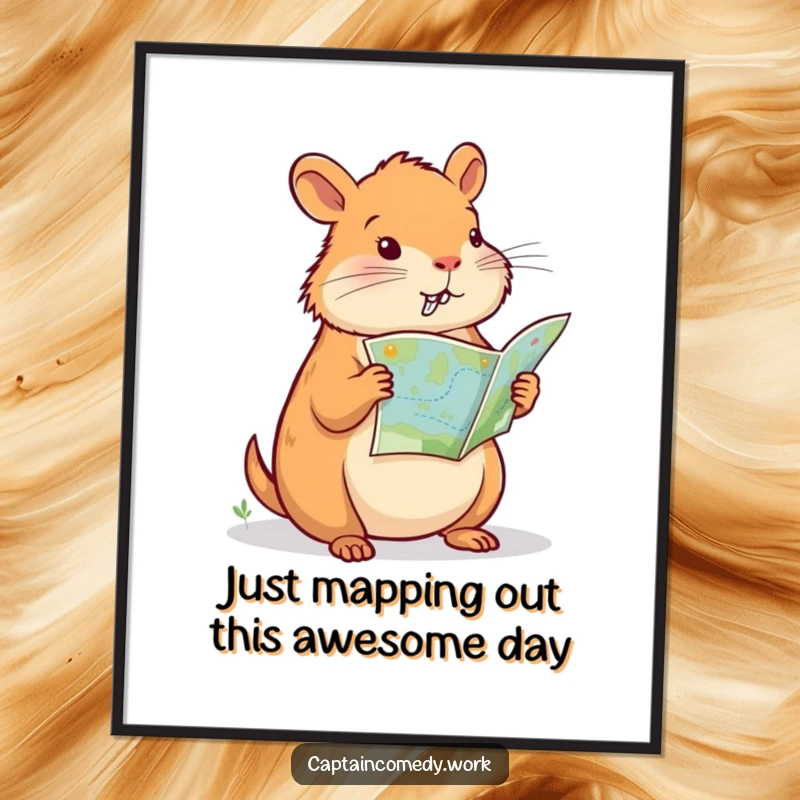 Funny Free Printable Wall Art: Determined capybara navigator studying an old map, ready for adventure, perfect quirky decor.