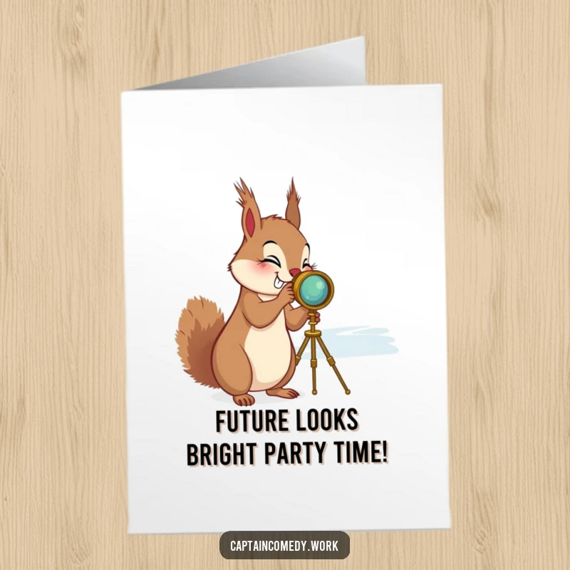 Funny Free Printable Birthday Card: Giggling squirrel peering through spyglass, spots birthday fun ahead.