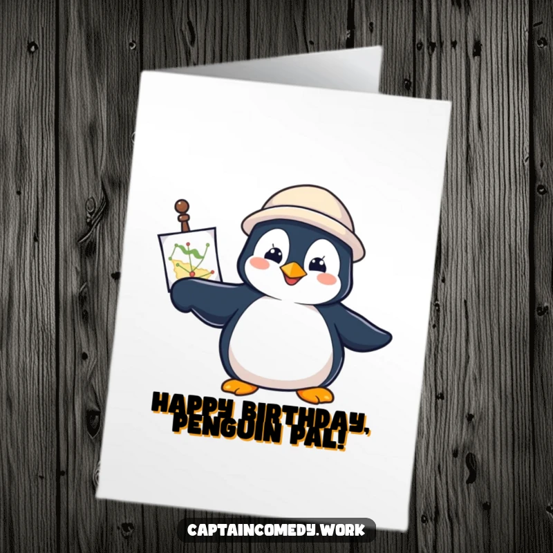 Funny Free Printable Birthday Card: A determined penguin with a navigational chart, pointing forward on their birthday journey.