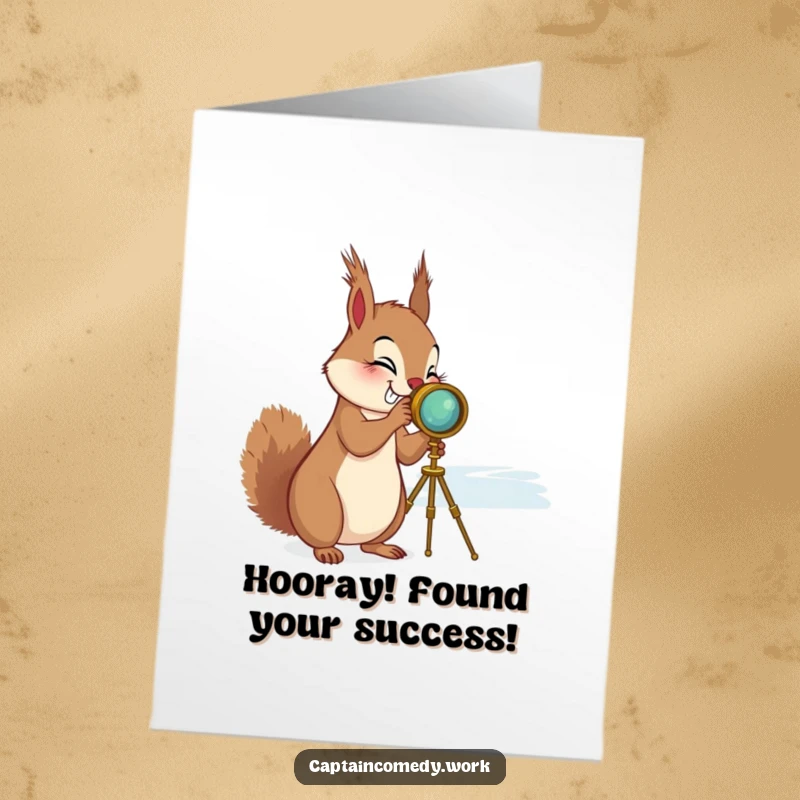 Funny Free Printable Congratulations Card: Giggling squirrel with spyglass, scanning the horizon for success.