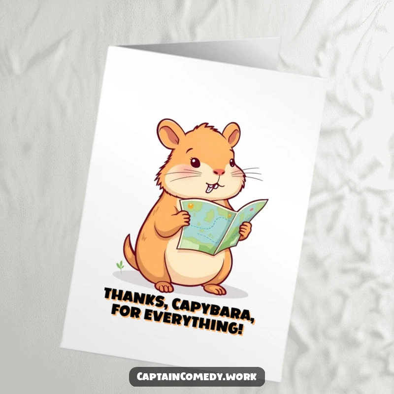 Funny Free Printable Thank You Card: Capybara navigator holding compass, pointing thanks for a great journey together.