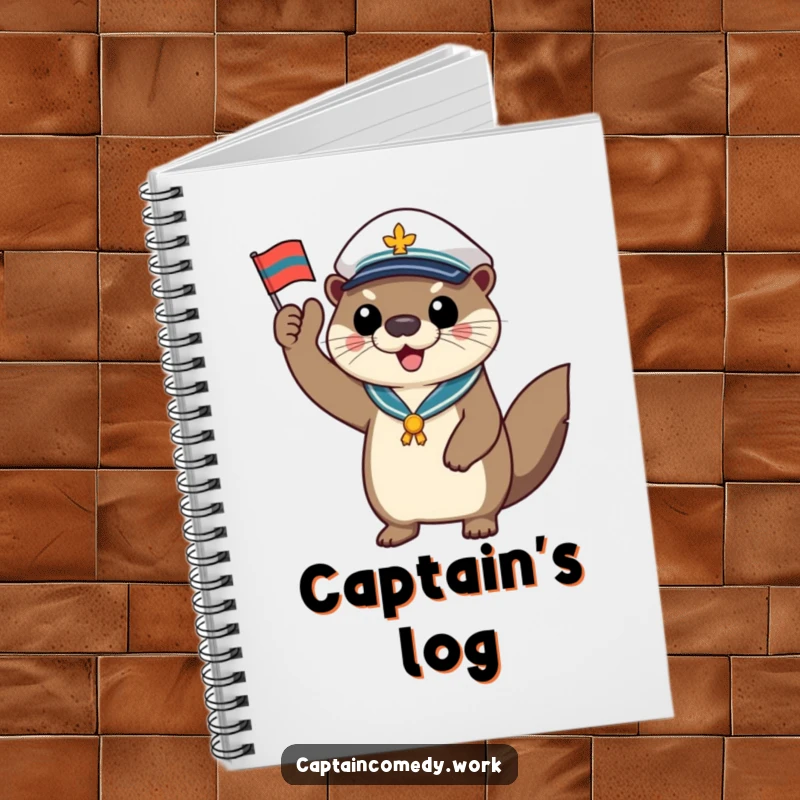 Funny otter captain notebook, a cheerful animal saluting with a tiny flag, ideal for capturing nautical ideas and adventure plans.