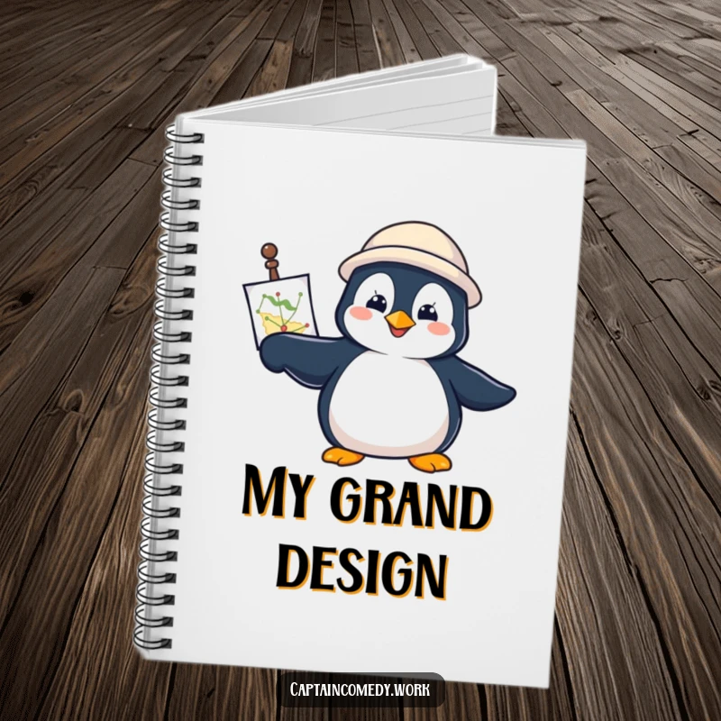 Funny Penguin Navigator Notebook with a determined penguin holding a navigational chart, pointing forward, perfect for jotting down plans.