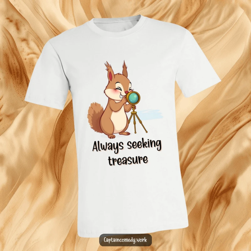 Funny Squirrel Spyglass T-Shirt: A giggling squirrel uses a brass spyglass to gaze at the distant horizon, embodying curiosity.