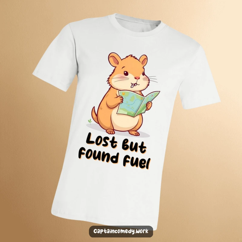 Funny Capybara Navigator T-Shirt, a determined capybara consults a map with utmost seriousness, ready for a grand adventure, a funny gift for travelers.