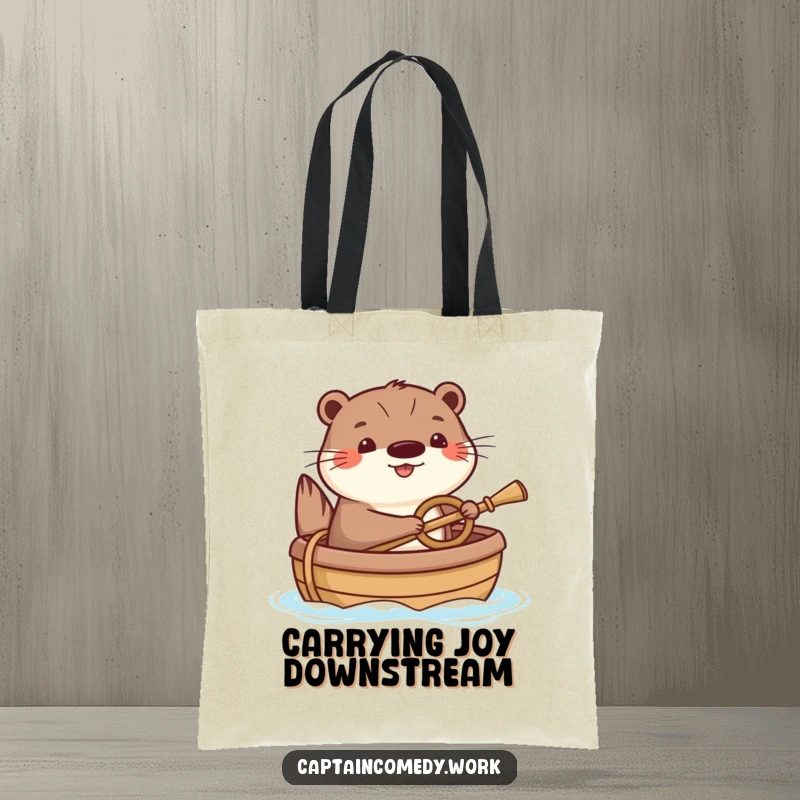 Funny Otter Tote Bag: A happy otter humorously steering a small boat with a tiny oar, perfect for carrying essentials with a cheerful aquatic theme.