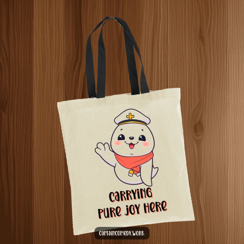 Funny Giggling Seal First Mate Tote Bag, a seal waves happily, ready for adventure, perfect for beach trips, a funny gift for seaside lovers.